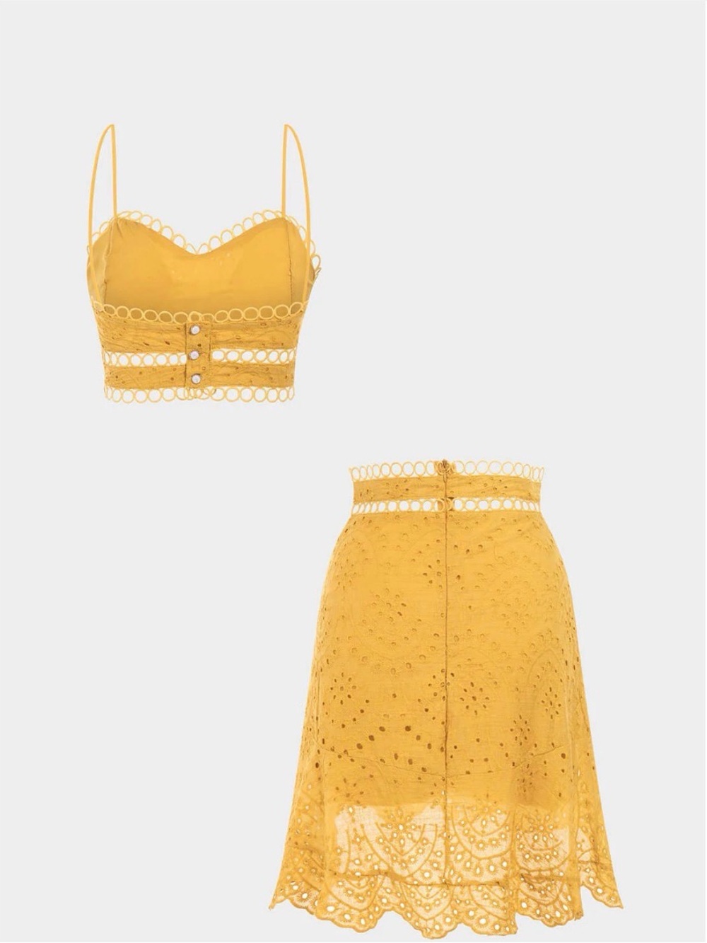 Yellow Eyelet Two-Piece Skirt Set - Elegant Crop Top & A-Line Skirt - Picture 2 of 6